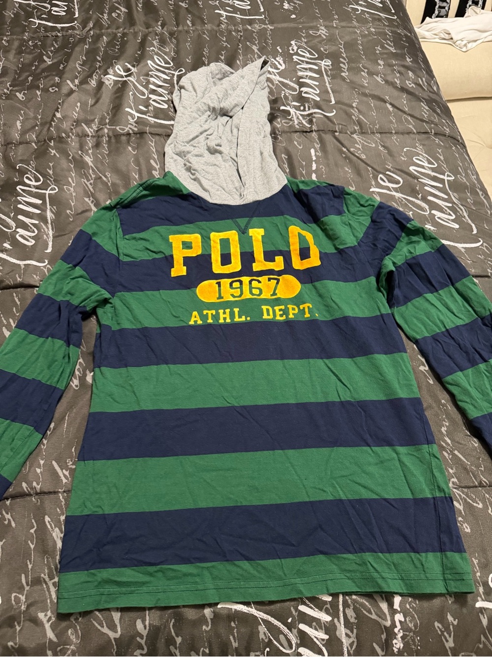 Polo Striped Hooded Long-Sleeve Tee in Green & Navy